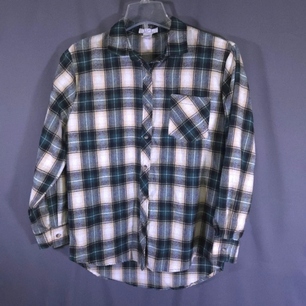 L.I.F.E Love Is For Eternity‎ Plaid Button Down Shirt Size S Granola Girl Rustic